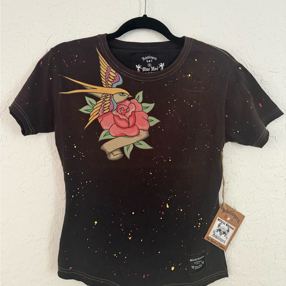 Inkslingers Black T-Shirt with Colorful Bird and Paint Splatter